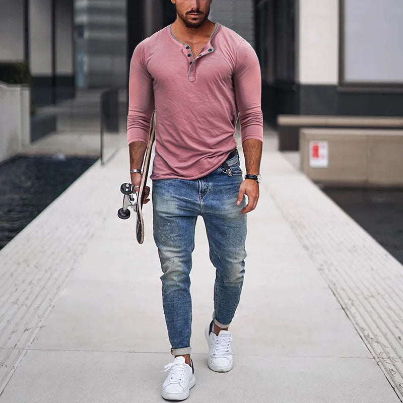 T-shirt a manica lunga slim fit in misto cotone con collo Henley da uomo