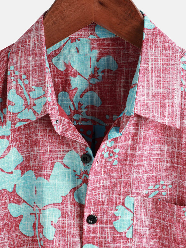 Camicia Hawaii rossa a maniche corte da uomo con motivo floreale