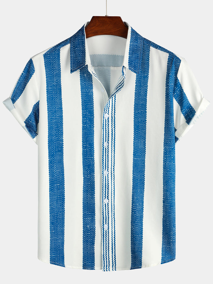 Camicia da uomo a maniche corte blu a righe per il tempo libero