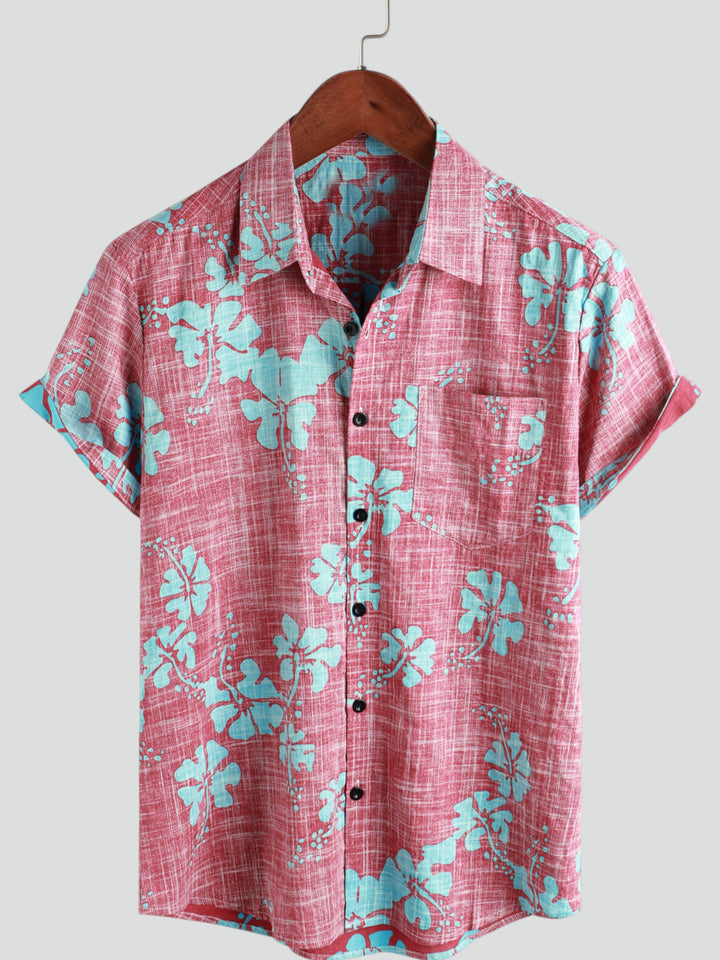 Camicia Hawaii rossa a maniche corte da uomo con motivo floreale