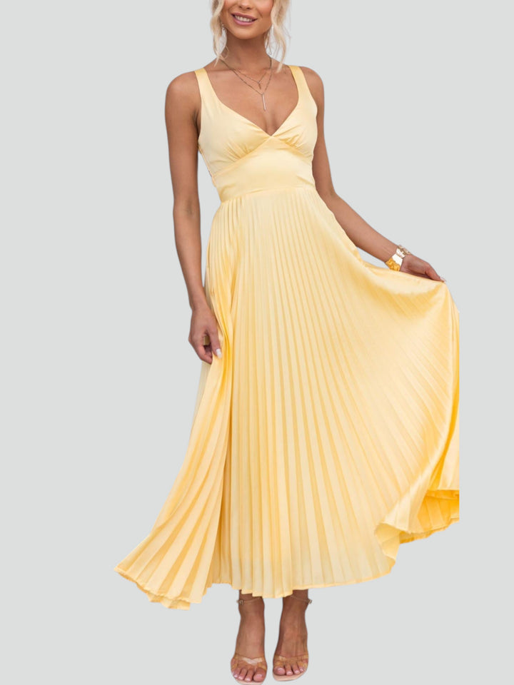 Aby™ | Abito Maxi Giallo Plissettato con Scollatura a V
