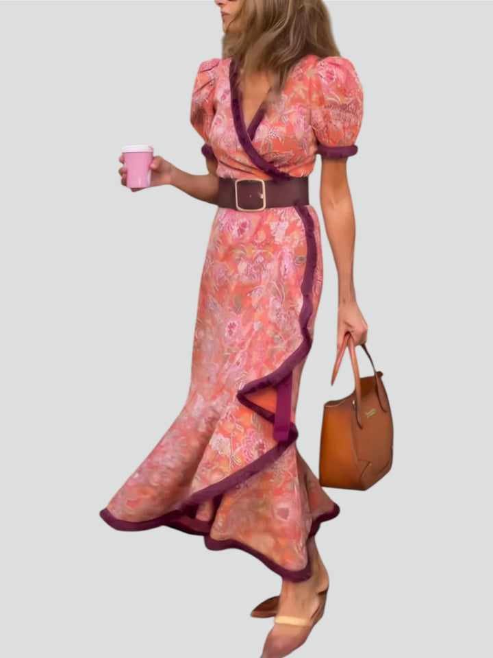 Isabella™ | Elegante Vestito Maxi Rosa con Maniche Corte