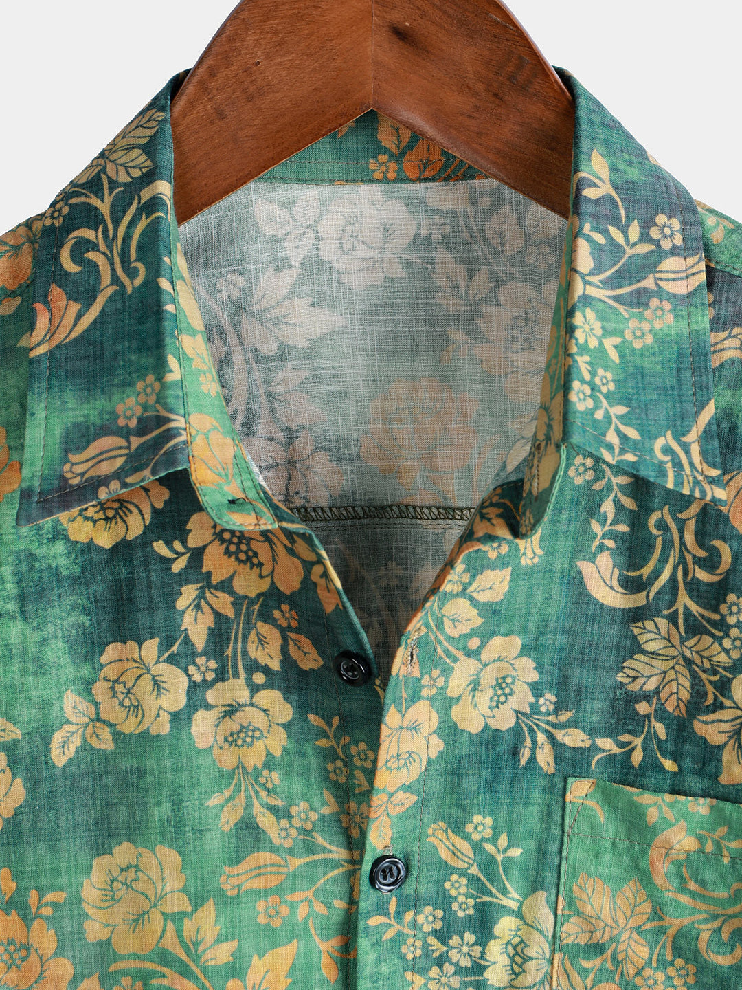 Camicia a maniche corte in cotone verde da uomo con motivo floreale