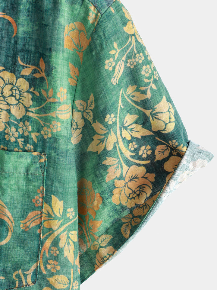 Camicia a maniche corte in cotone verde da uomo con motivo floreale