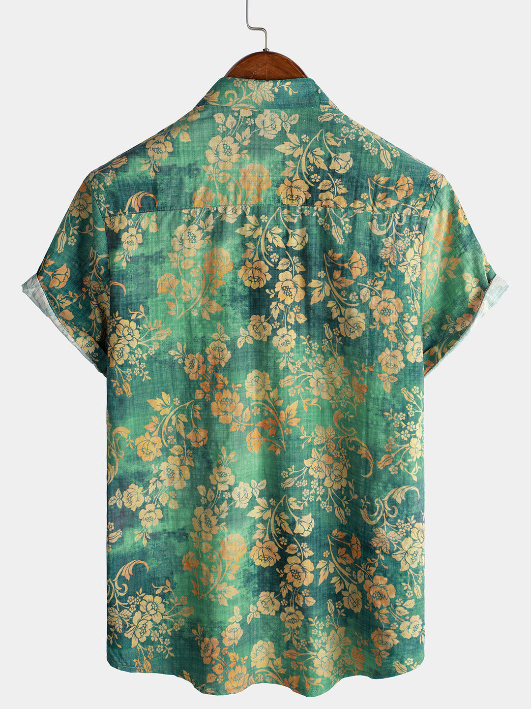 Camicia a maniche corte in cotone verde da uomo con motivo floreale