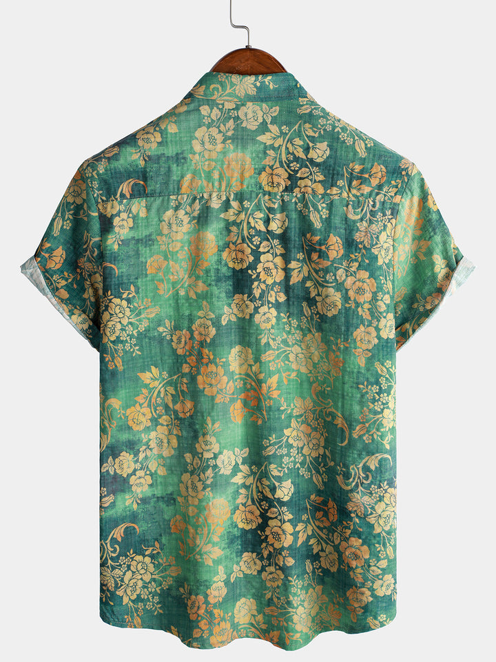 Camicia a maniche corte in cotone verde da uomo con motivo floreale