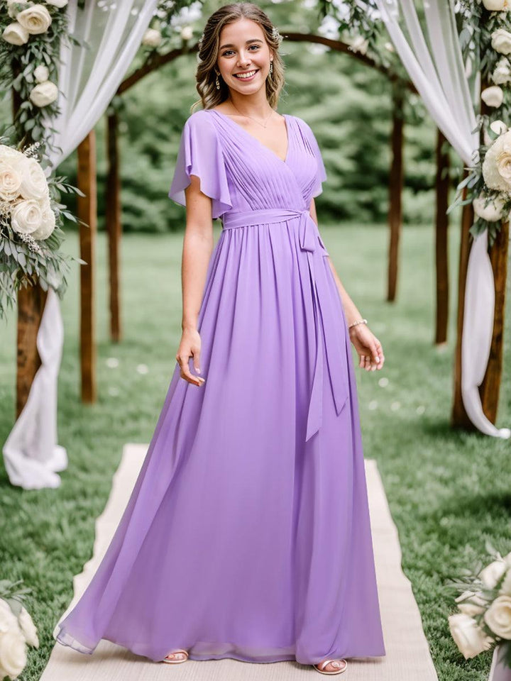 ever LEORA|Abito da damigella in chiffon con scollatura a V e maniche flottanti