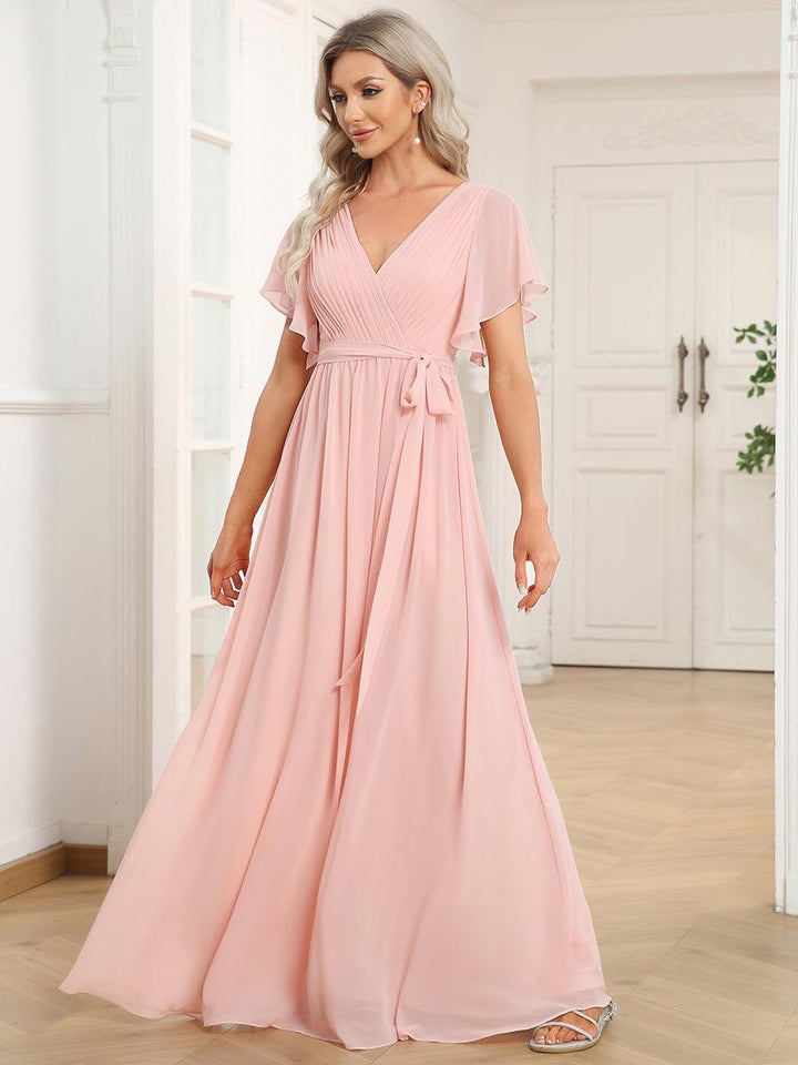 ever LEORA|Abito da damigella in chiffon con scollatura a V e maniche flottanti
