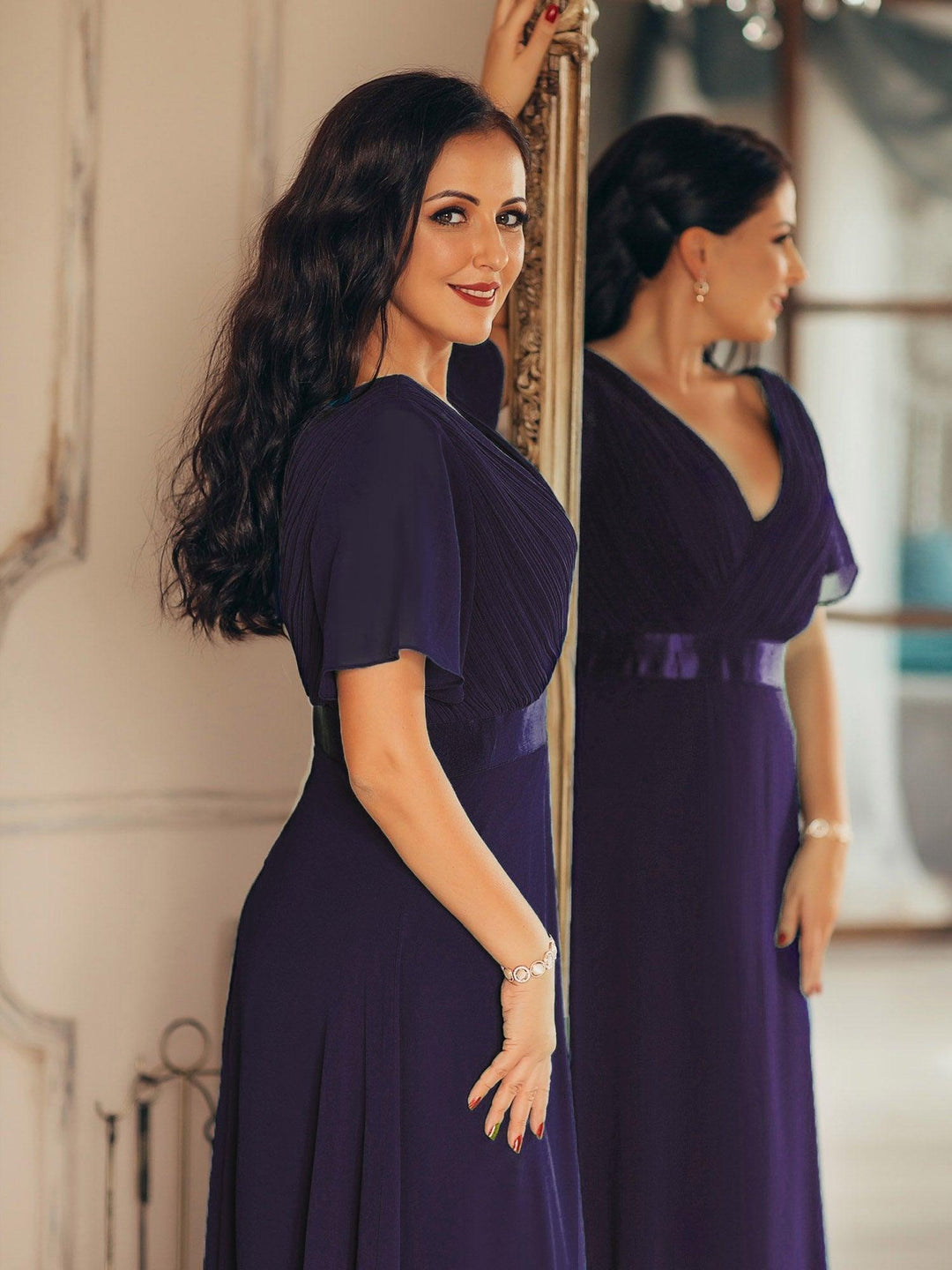 ever MONICA|Abito da matrimonio invitata fluido elegante in mussola a vita alta